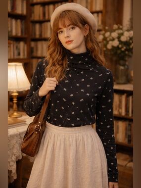 Karen Scott Women’s Black Cat Print Turtleneck Top XL Cottagecore Soft Girl